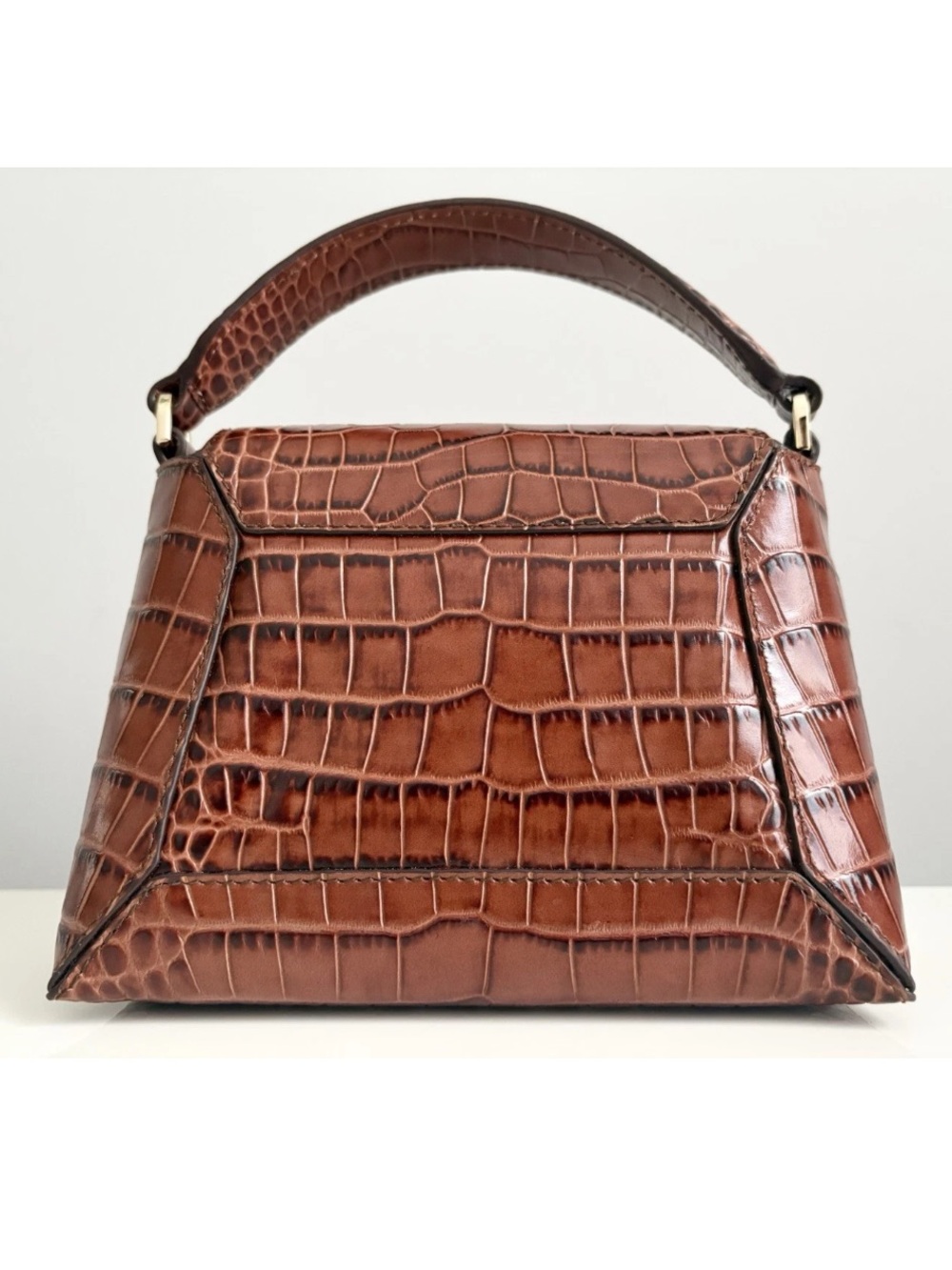 NEW Strathberry Mosaic Nano Brown Croc Embossed Leather Top Handle Crossbody Bag - Picture 7 of 16